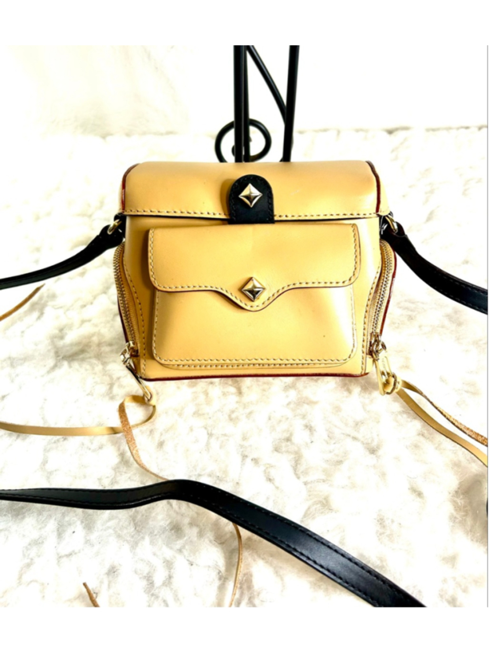 Rebecca Minkoff Craig Tan Leather Camera bag, black trim, and gold-tone
